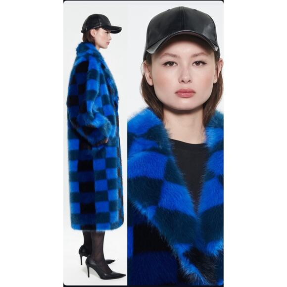 STAND STUDIO Women's Mio Blue Black Checkered Faux Fur Trench Coat Size XS - Picture 5 of 7